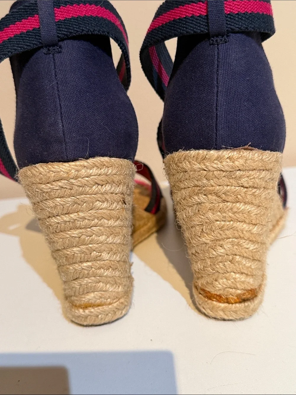Lauren Ralph Lauren Navy and Pink Striped Wedge Espadrilles